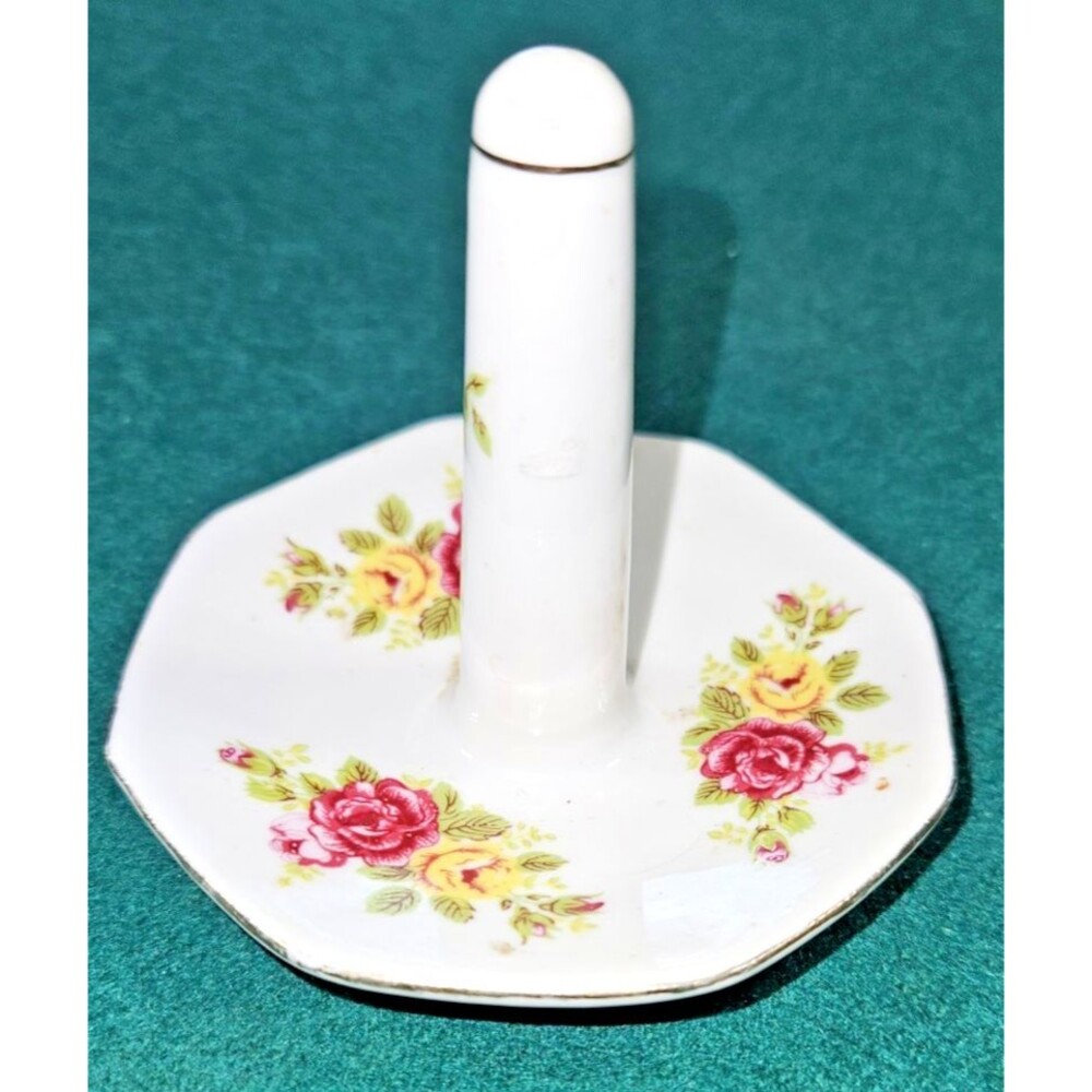 Vintage Ring Holder Dish Trinket Bone China Pink Roses Yellow Flowers